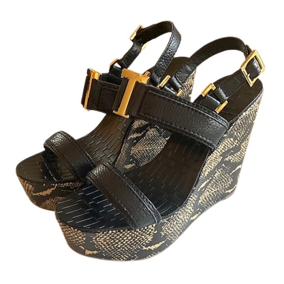 Tory Burch Black/Tan Platform Print Wedge Sandal | 5” Platform; 3” Pitch | Sz 9 - Picture 1 of 15